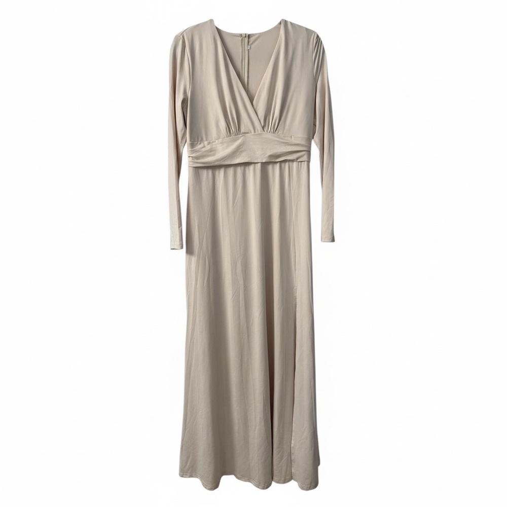 Elegant Cream Long Sleeve Stretchy Maxi Dress with a Slit - Picture 4 of 12